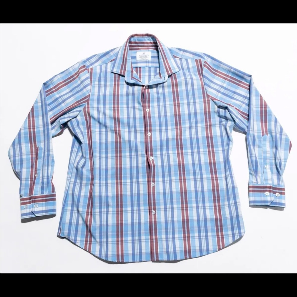 Mizzen+Main Shirt Men's Large Standard Fit Performance Wicking Blue Red Plaid